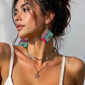 Retro Boombox Resin Earrings Y2K 90s Teal Pink Statement Jewelry Streetwear